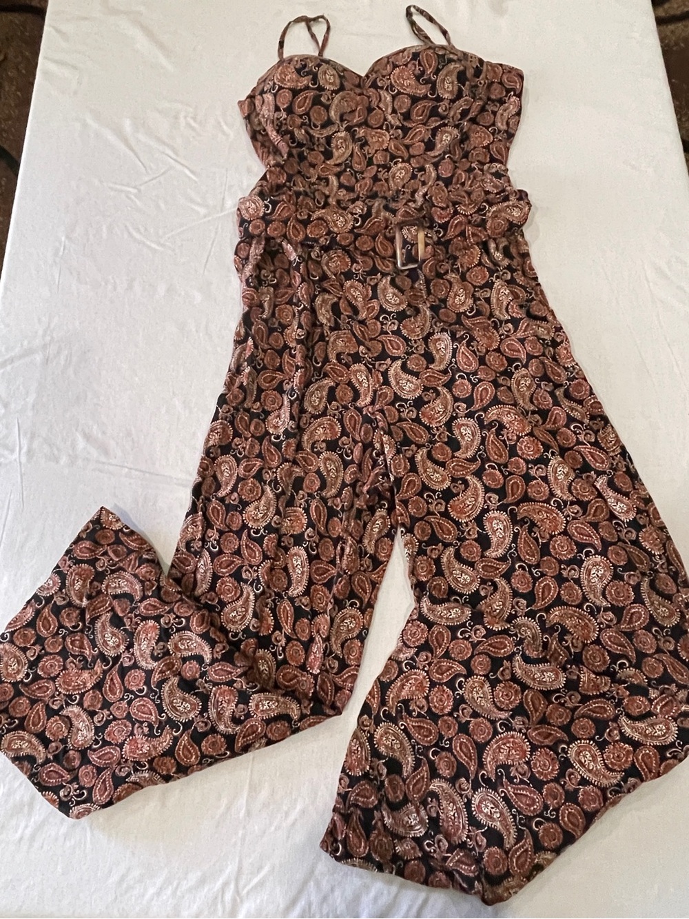 Bohemian Paisley Wide-Leg Jumpsuit with Removable Belt & Ties, Sweetheart Bust